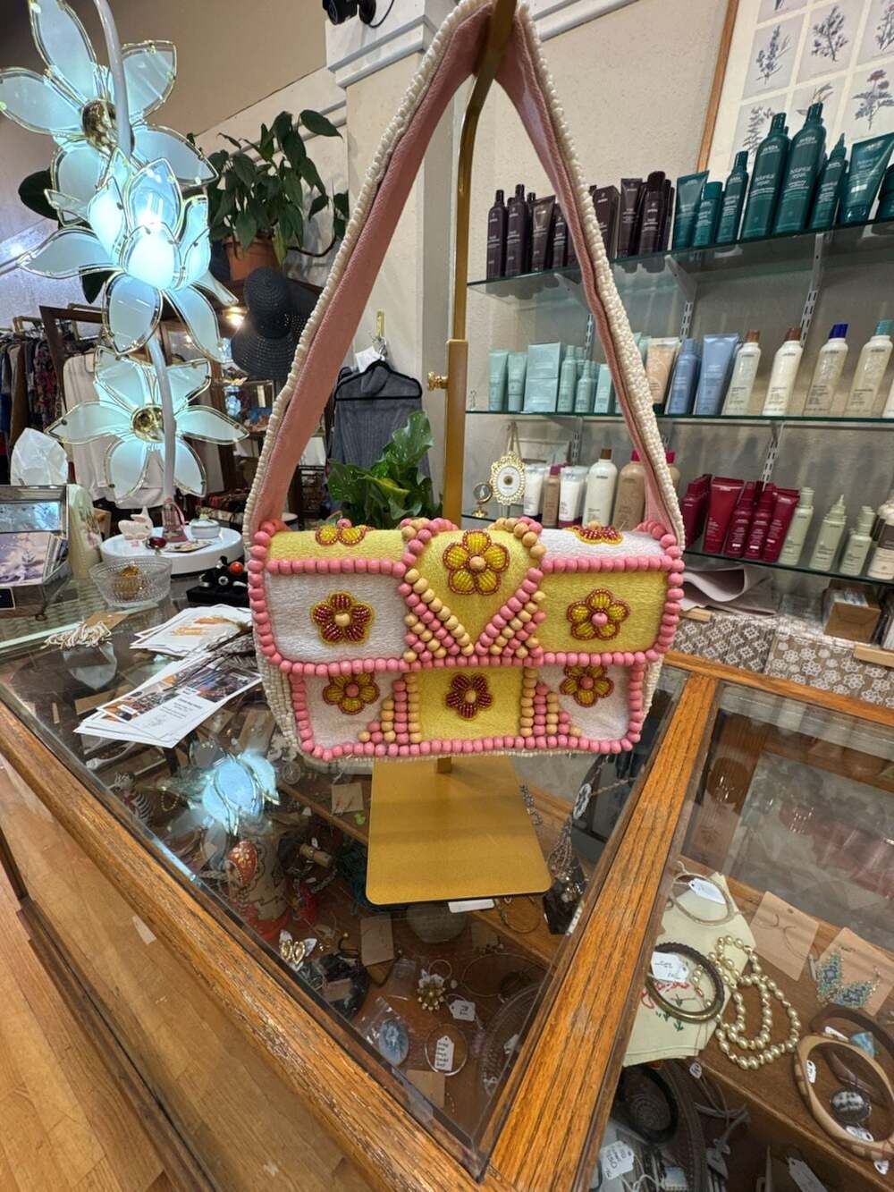 Beaded Shoulder Bag Pink And Yellow Blossom Floral
